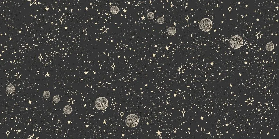 Seamless space pattern with stars and planets on black background for tarot,  イラスト素材