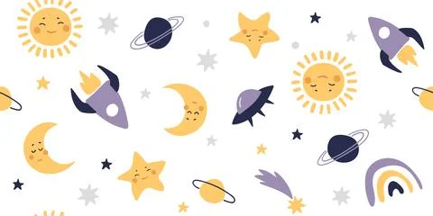Seamless space pattern with sun, stars and rocket. Cute ornament for fabric 스톡 일러스트