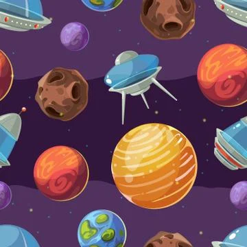 Seamless space vector kids pattern with planets and spaceships Stockillustratie