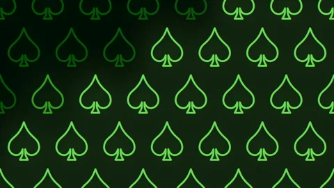 Seamless spade suit symbols pattern glowing green on dark background footage Video stock 333189302