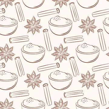 Seamless spice pattern with bowl cinnamon, stick and star anise in line art Stock Illustration