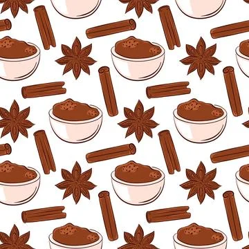 Seamless spice pattern with bowl cinnamon, stick and star anise in flat style Stock Illustration