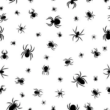 Seamless spider silhouette pattern on white background. Cute spider pattern Stock Illustration