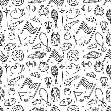 Seamless sport pattern. Doodle vector with sport icons. Vintage sport background Stock Illustration