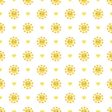 Seamless spring and summer pattern with yellow sun and hearts Stock Illustration