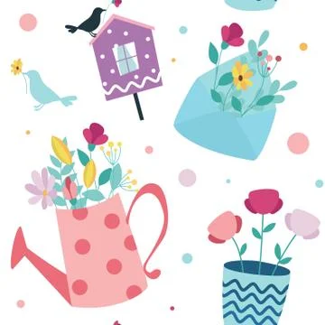 Seamless spring background. Envelope with flowers, birdhouse. Stock Illustration