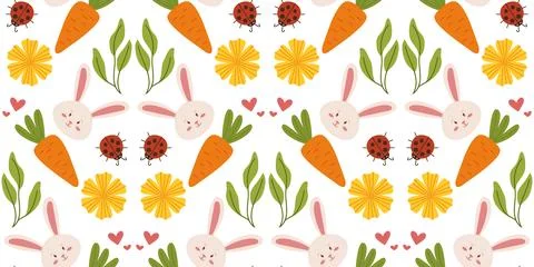 Seamless spring Easter pattern with flowers, carrots, ladybug, and bunnies in a イラスト素材