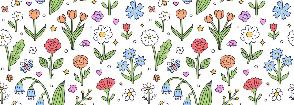 Seamless spring floral pattern with hand drawn colorful flowers, roses, tulips Illustrazione stock