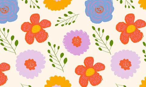 Seamless spring floral pattern with hand drawn flowers and leaves in sketch.. Stock Illustration