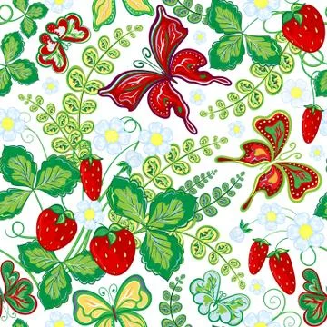 Seamless spring floral pattern with strawberries and flowers and butterflies Illustrazione stock