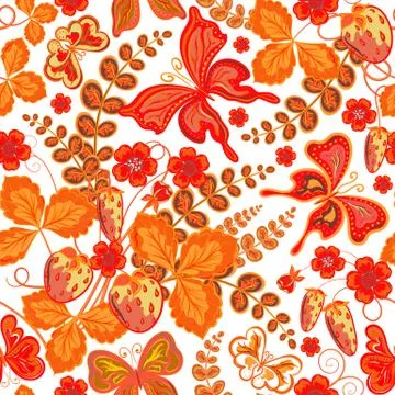Seamless spring floral pattern with strawberries and flowers and butterflies 스톡 일러스트
