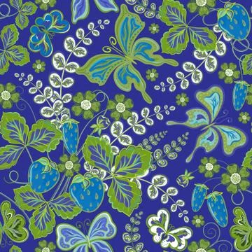 Seamless spring floral pattern with strawberries and flowers and butterflies Иллюстрация