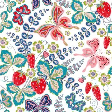 Seamless spring floral pattern with strawberries and flowers and butterflies 스톡 일러스트