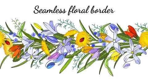 Seamless spring flower border isolated on white. Stock Illustration