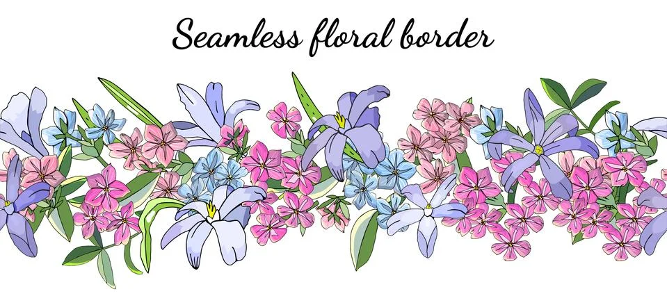 Seamless spring flower border isolated on white. Stock Illustration