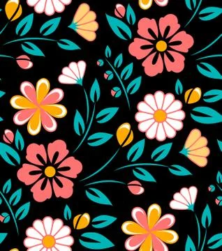 Seamless spring flower pattern on black background. Ukrainian style Stock Illustration