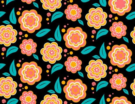 Seamless spring flower pattern on black background. Ukrainian style Stock Illustration