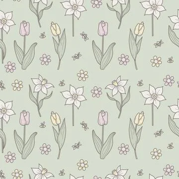 Seamless Spring Flowers Pattern. Repeating Pastel Tulips And Daffodils with.. Stock Illustration