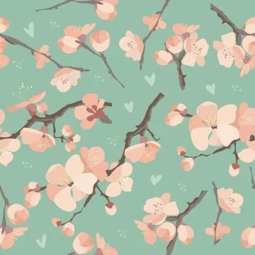 Seamless spring flowers on tree branch pattern Stock Illustration