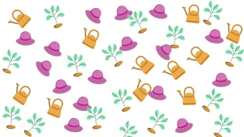 Seamless Spring Gardening Pattern with Watering Cans, Sun Hats, and Sprouts Stock Footage 345539599