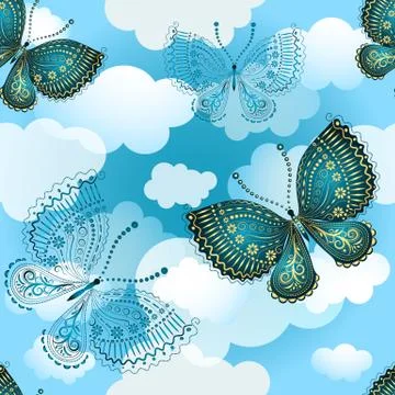 Seamless spring pattern with butterflies and clouds イラスト素材