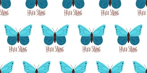 Seamless Spring pattern. Butterfly with Hello Spring doodle lettering. Seasonal Stock Illustration