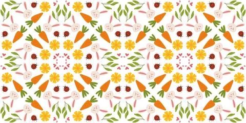 Seamless spring pattern with carrots, flowers, and ladybug in a cute, hand-.. Stock Illustration