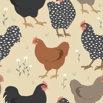 Seamless spring pattern with cute chickens and flowers. Vector graphic Stock Illustration