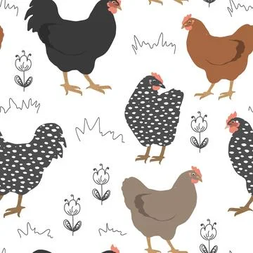 Seamless spring pattern with cute chickens and flowers. Vector graphic Stock Illustration