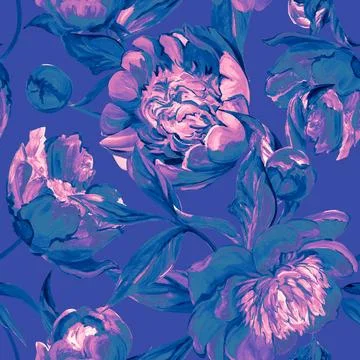 Seamless spring pattern drawn in gouache with pink peonies Illustrazione stock