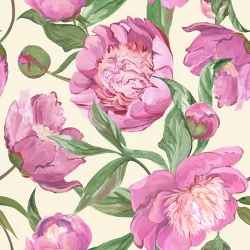 Seamless spring pattern drawn in gouache with pink peonies Stock Illustration