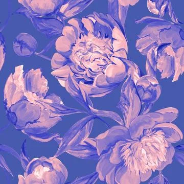 Seamless spring pattern drawn in gouache with pink peonies Stock Illustration