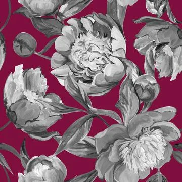 Seamless spring pattern drawn in gouache with pink peonies Stock Illustration