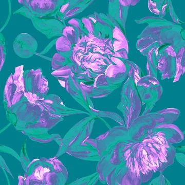 Seamless spring pattern drawn in gouache with pink peonies Stock Illustration