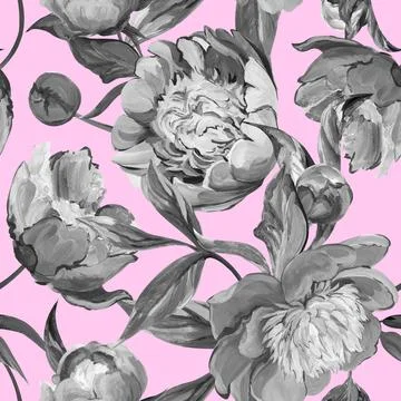 Seamless spring pattern drawn in gouache with pink peonies Stock Illustration