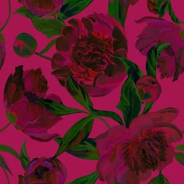 Seamless spring pattern drawn in gouache with pink peonies Stock Illustration