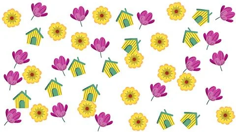 Seamless spring pattern featuring colorful flowers and small houses on whit.. Stock Illustration