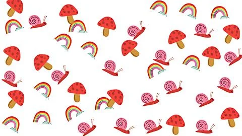 Seamless spring pattern featuring cute mushrooms, snails, and colorful rain.. Stock Illustration
