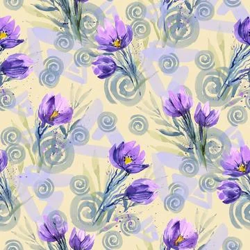 Seamless spring pattern with a field of snowdrops on a yellow background 스톡 일러스트