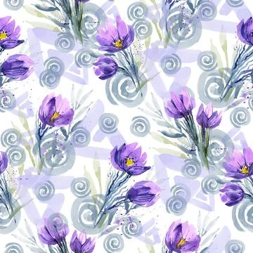Seamless spring pattern with a field of snowdrops and geometric shapes Stock Illustration