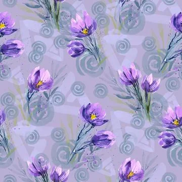 Seamless spring pattern with a field of snowdrops on a powdery purple background Stock Illustration
