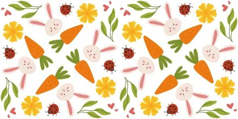 Seamless spring pattern with flowers and bunnies in a cute, hand-drawn vector Stock Illustration