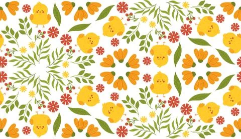 Seamless spring pattern with flowers and chicks in a cute, hand-drawn vecto.. Stock Illustration