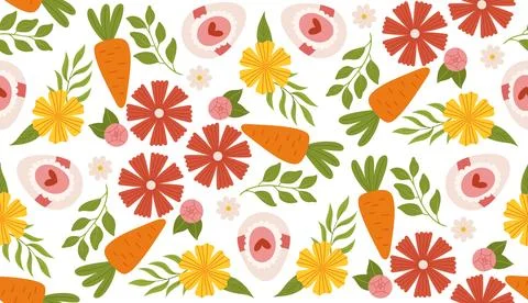 Seamless spring pattern with flowers, carrots, and eggs packaging, and festiv Stock Illustration