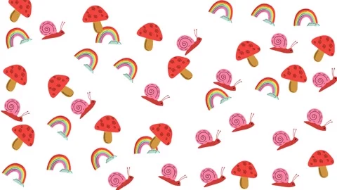 Seamless Spring Pattern with Hand Drawn Mushrooms Pink Snails and Cute Rainbows Stock Footage 345539598