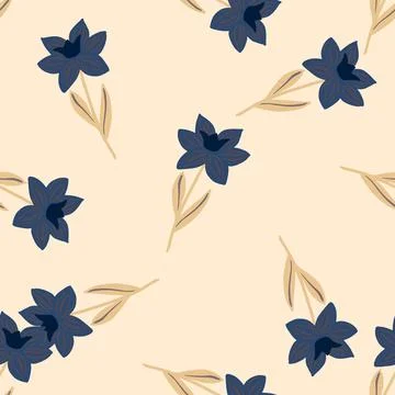 Seamless spring pattern with hand drawn navy blue random simple flowers silho Stock Illustration