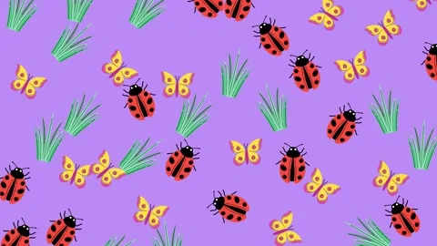 Seamless Spring Pattern with Ladybugs Butterflies and Green Grass on Purple Stock Footage 345539591