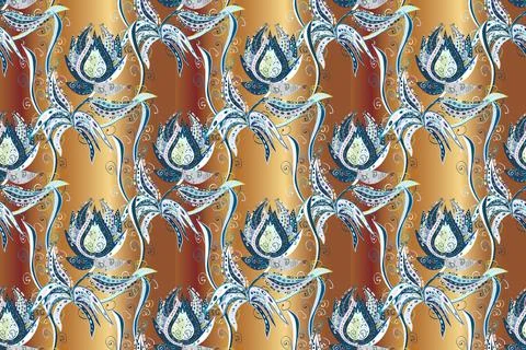 Seamless spring pattern with little flowers. Raster illustration. On blue, brown Illustrazione stock