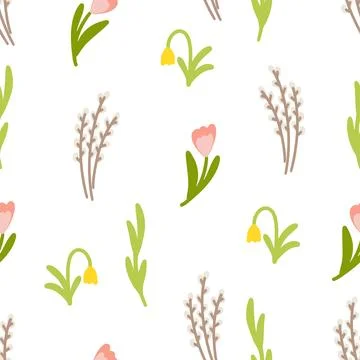 Seamless spring pattern with pussy willows, tulips, and yellow bell flowers. Stock Illustration