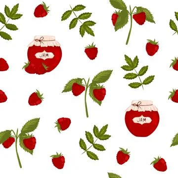 Seamless spring pattern of strawberries, raspberries, twigs with leaves and j 스톡 일러스트